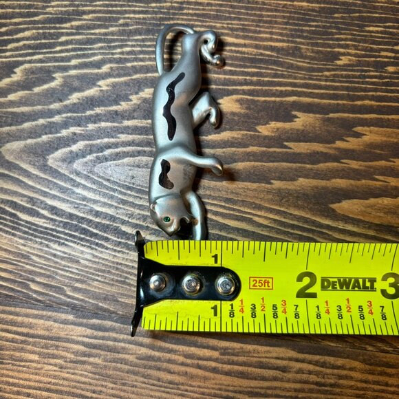 Vintage Pewter Panther Brooch with Green Rhinestone Eyes – 3” L x 1” H - 1980's - Picture 7 of 7